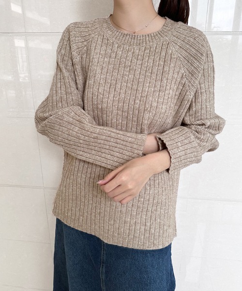 ニット セーター ラウンドネック太リブニットセーター レディース