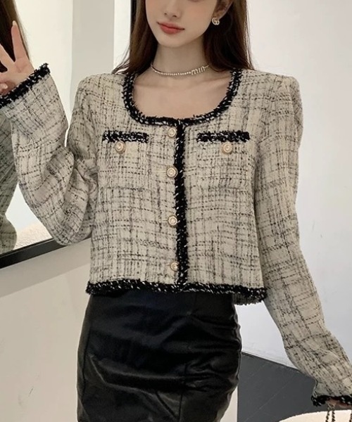 【ニジイロ】シビラ スタンドカラーAラインツイードジャケット SP》GIOLICAツイードBIGジャケット（ノーカラージャケット）｜JOURNAL