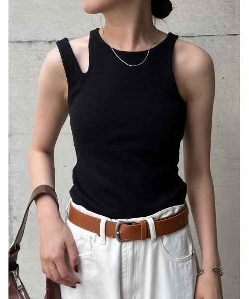 タンクトップ ノースリーブ カップ付アシメリブタンク レディース Re:EDIT タンクトップ ノースリーブ カップ付きアシメデザイン