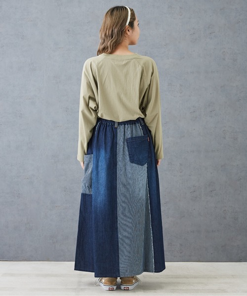 スカート デニム 6.5オンスデニム×ヒッコリーギャザースカート  