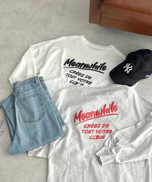 andme tシャツ プリントエンブロイダリーロゴ長袖Tシャツ