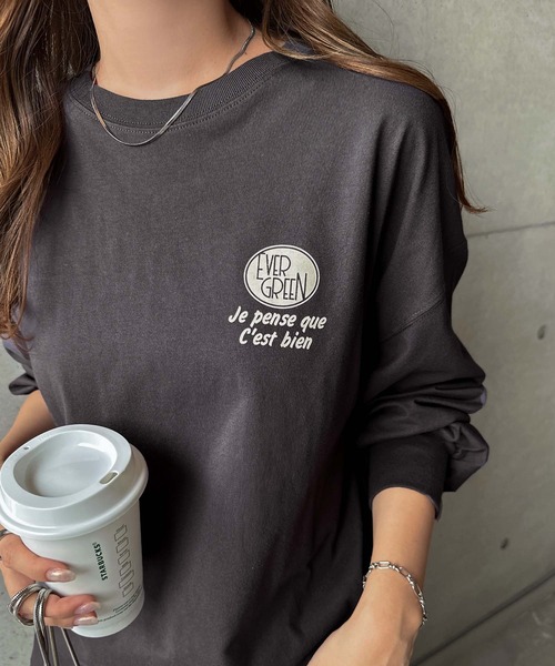 andme tシャツ プリントエンブロイダリーロゴ長袖Tシャツ