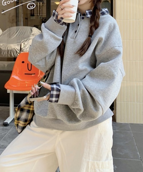 トレーナー スウェット レイヤード風チェックドッキングニットBIGスウェットプルオーバー レディース ABITOKYO トレーナー スウェット レイヤード風チェック