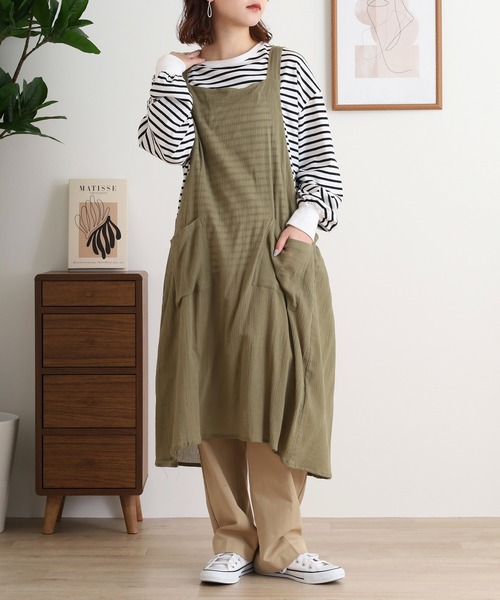 エプロン商会／美品／ギャザーエプロン／コレクション FUNALIVE エプロン コットンクレープ後ろギャザーエプロン