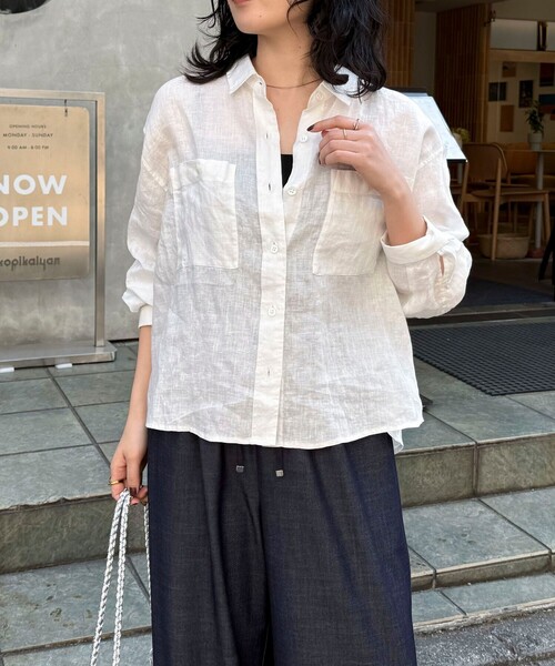 ブラウス シャツ LINEN100クロップドシャツ レディース