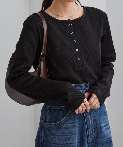 RANAN（ラナン） tシャツ ヘンリーネックワッフルロングTシャツ