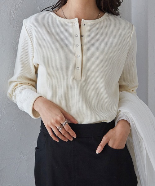 RANAN（ラナン） tシャツ ヘンリーネックワッフルロングTシャツ