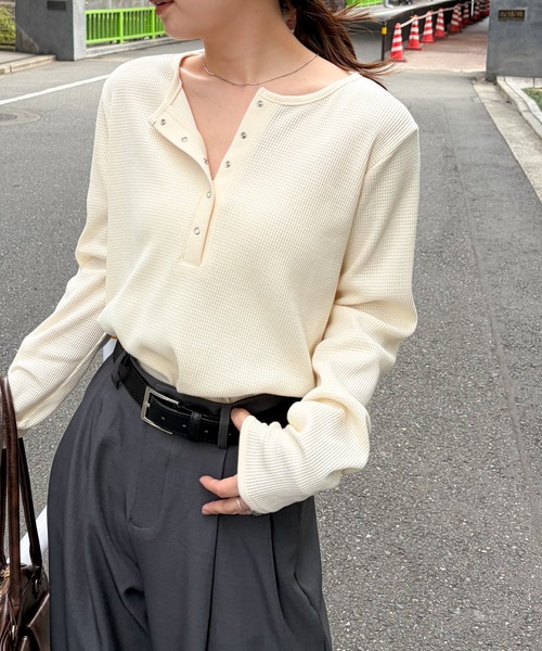 RANAN（ラナン） tシャツ ヘンリーネックワッフルロングTシャツ