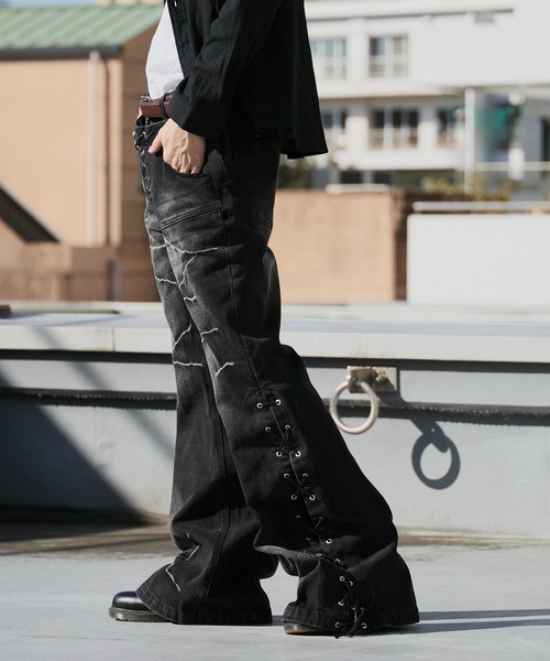 Theater code ジーンズ String design color-faded bell bottoms/紐