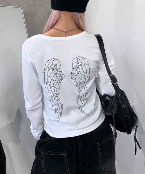 lilful tシャツ 羽モチーフ ラインストーン バックデザイン コンパクト 