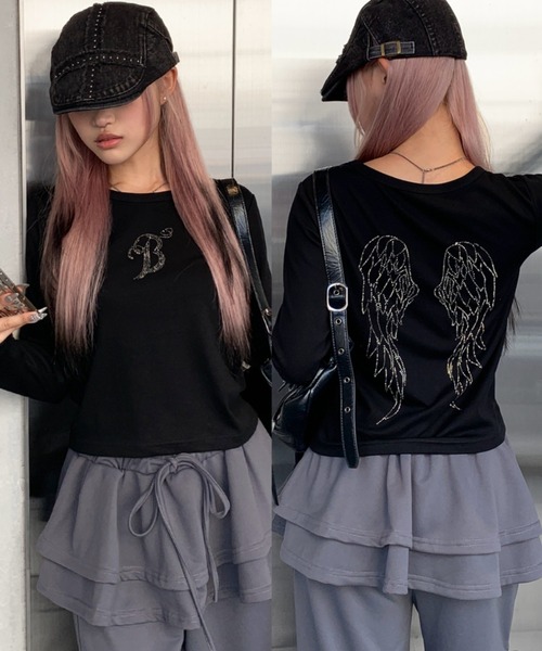 lilful tシャツ 羽モチーフ ラインストーン バックデザイン コンパクト