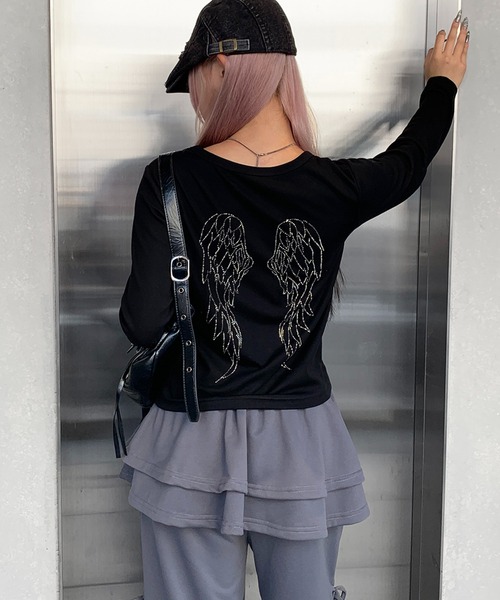 lilful tシャツ 「25年秋冬新作」羽モチーフ ラインストーン バック