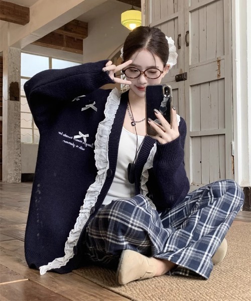 Roen Vintage 00s archive y2k ロングカーディガン gossip!ロサンゼルス カーディガン Y2K レースフリルリボン ゆったり