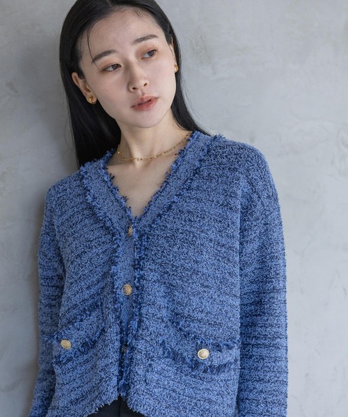 ブルー美しい ツイードニットコート カーディガン 36 美品˚✧₊⁎⁎⁺˳✧༚ ブルー美しい ツイードニットコート カーディガン 36 美品