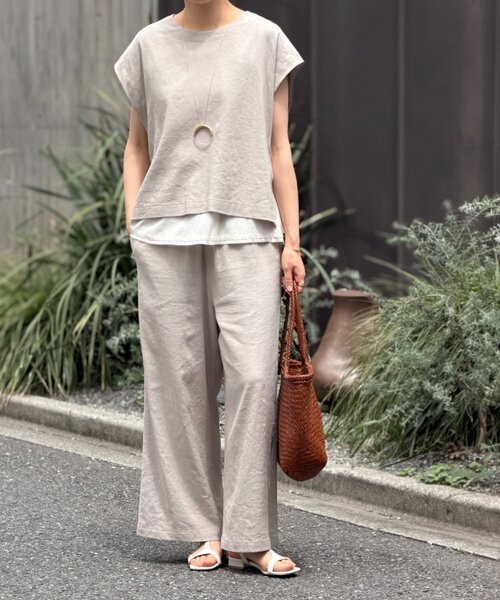 ワイドパンツ パンツ リネンウエストリブパンツ レディースの画像