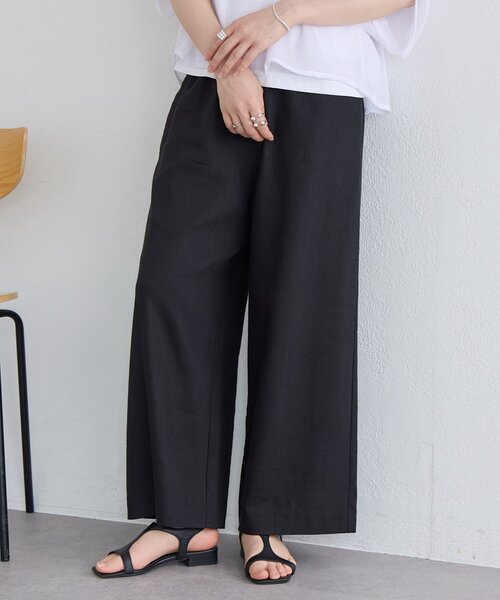 ワイドパンツ パンツ リネンウエストリブパンツ レディースの画像