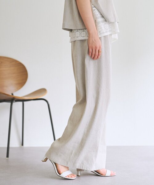 ワイドパンツ パンツ リネンウエストリブパンツ レディースの画像