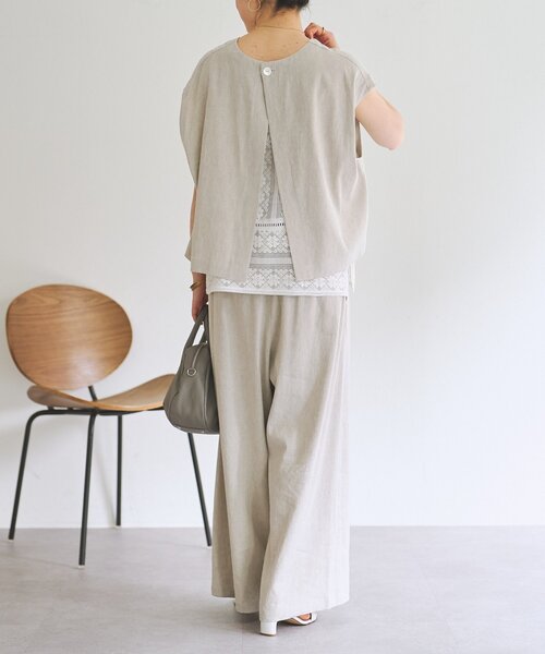 ワイドパンツ パンツ リネンウエストリブパンツ レディースの画像
