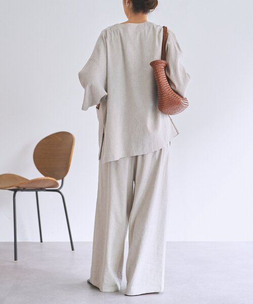 ワイドパンツ パンツ リネンウエストリブパンツ レディースの画像