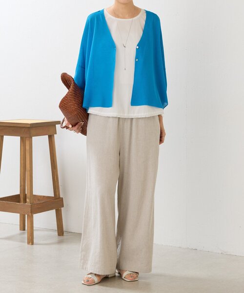 ワイドパンツ パンツ リネンウエストリブパンツ レディースの画像