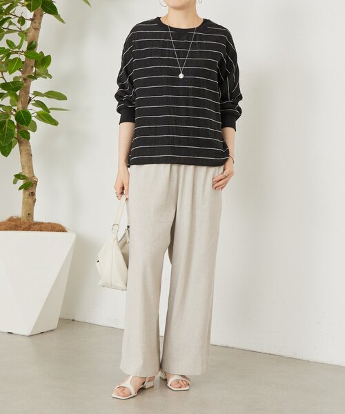 ワイドパンツ パンツ リネンウエストリブパンツ レディースの画像