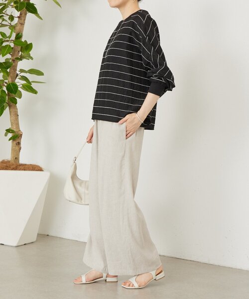 ワイドパンツ パンツ リネンウエストリブパンツ レディースの画像