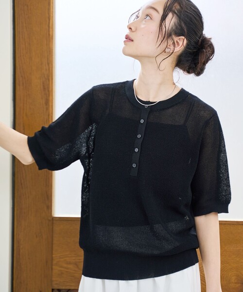 ロロピアーナ シルクリネン ワッフルニット ヘンリーネック テラコッタ coen（コーエン） ニット セーター シアーリネンワッフルヘンリー