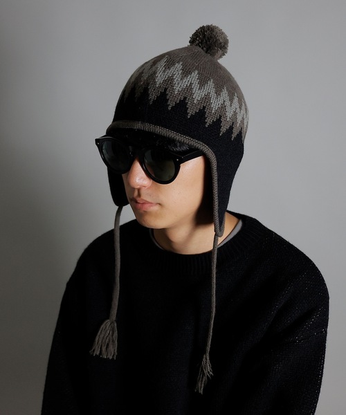 !*様 ナンバーナイン 耳当て付き　ニットキャップ　帽子　黒 NUMBER (N)INE（ナンバーナイン） 帽子 キャップ ZIGZAG JACQUARD
