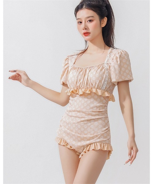 水着 レトロ花柄パフスリーブフリルデザインワンピース水着 レディース