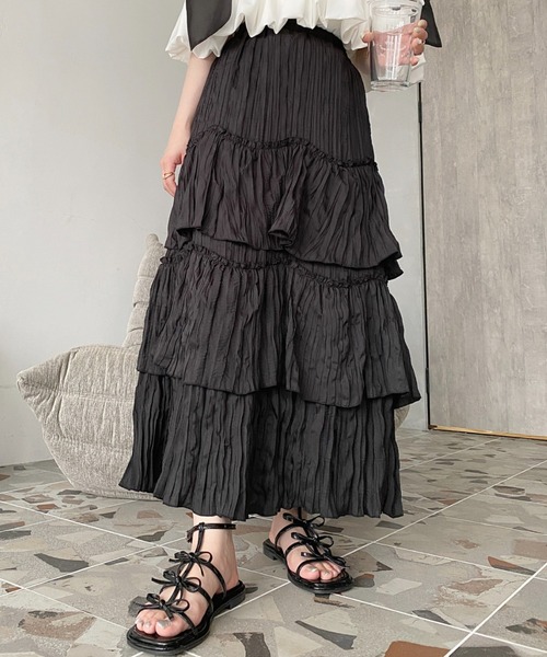 極美品 msgm 3段フリル スカート 40 送料無料 moment+ スカート ワッシャークロス三段フリルティアード