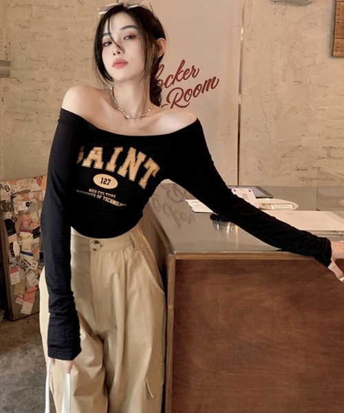 ★グラマラスジェーン★ライトベージュ★トップス★ミジェーン★オフショル★フリー★ GLAMOROUS JANE（グラマラスジェーン） tシャツ ロゴプリント