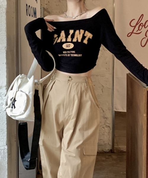 GLAMOROUS JANE tシャツ ロゴプリントオフショルショート丈ロンT