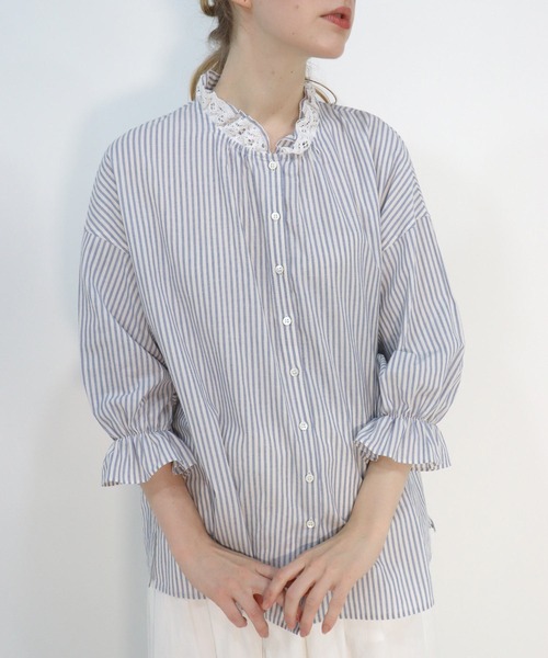 haupia シャツ ブラウス 空の街「刺しゅうブラウス」 ストライプ