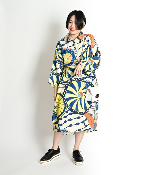 marai（マーライ） シャツワンピース レトロ派手柄 七分袖 ロング