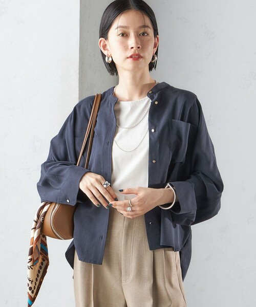 TAE ASHIDA バンドカラー Aラインブラウス ネイビー 7 TAE ASHIDA バンドカラー Aラインブラウス ネイビー 7