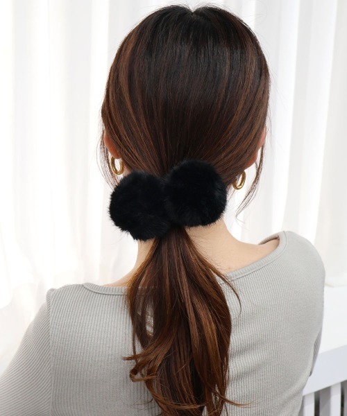 確認　ヘアゴム ヘアリボン ツインテール　ミンクファー　黒　紺 CEMO NEMO（セモネモ） ヘアゴム ファー ボンボン ヘアゴム 2セット
