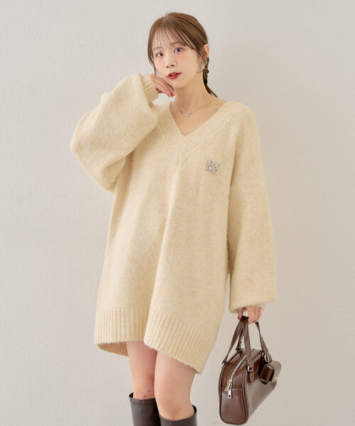 値下 新品 TO BE CHIC 2023 レースコンビニット ブローチ付 Chico ニット セーター 「新色追加/2WAY」ブローチ付きVネック