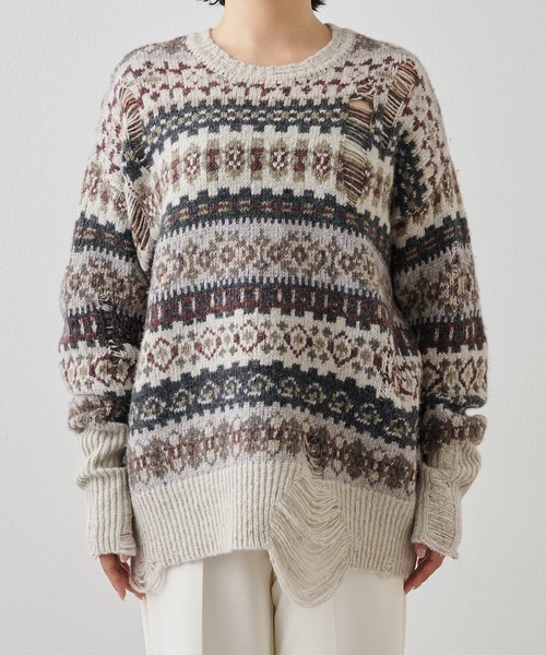 Whim Gazette ダメージフェアアイルニットプルオーバー F ベージュ ウィムガゼット Whim Gazette ダメージフェアアイルニットプルオーバー