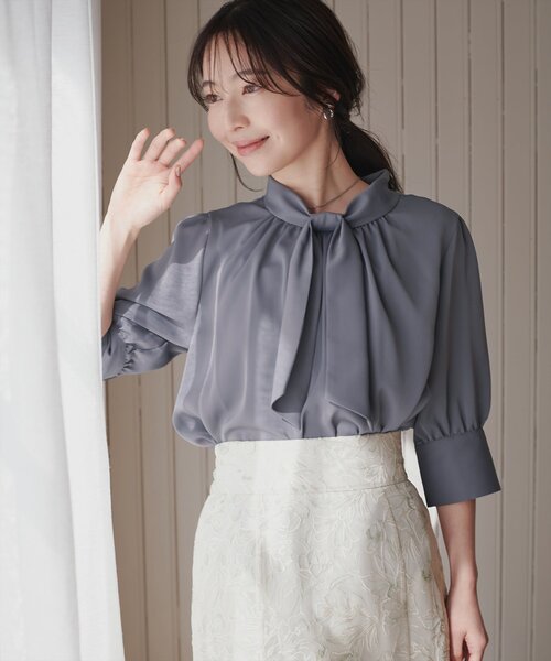 natural couture ブラウス シャツ 袖口パールノット結び6分袖ブラウス
