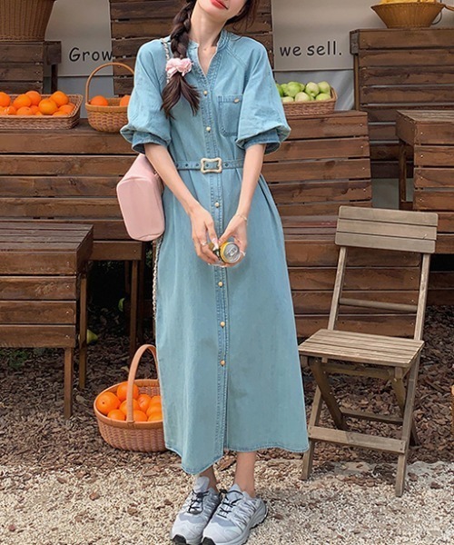 FAVORITO ワンピース Vネック半袖シングルブレストベルト付きデニム