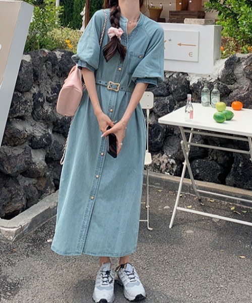 FAVORITO ワンピース Vネック半袖シングルブレストベルト付きデニム