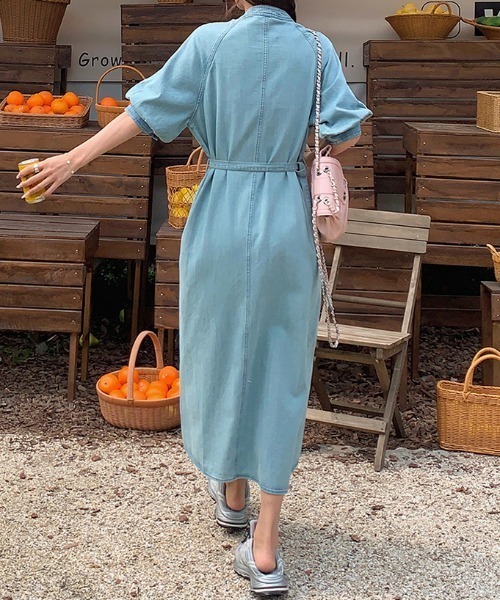 FAVORITO ワンピース 半袖 Vネック半袖シングルブレストベルト付き
