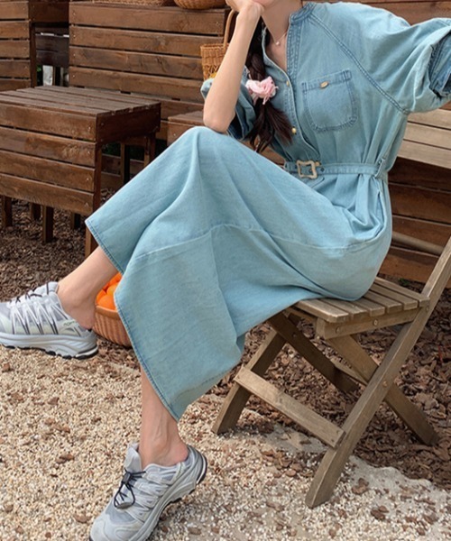 FAVORITO ワンピース Vネック半袖シングルブレストベルト付きデニム