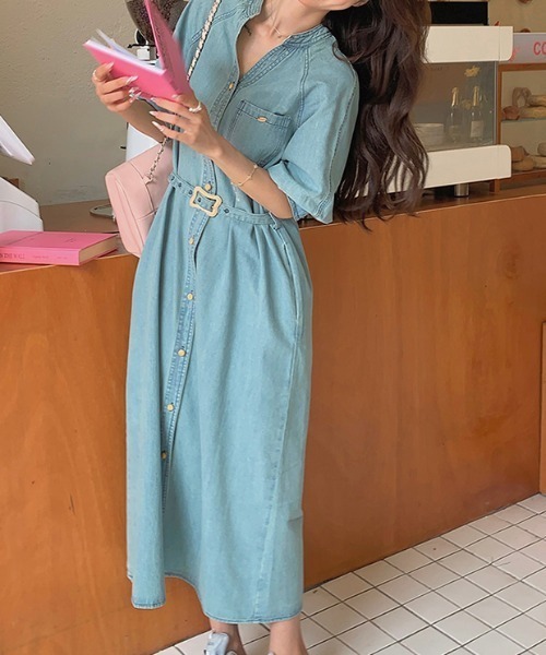 FAVORITO ワンピース 半袖 Vネック半袖シングルブレストベルト付き