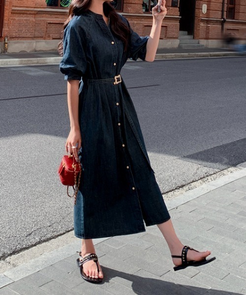 FAVORITO ワンピース 半袖 Vネック半袖シングルブレストベルト付き