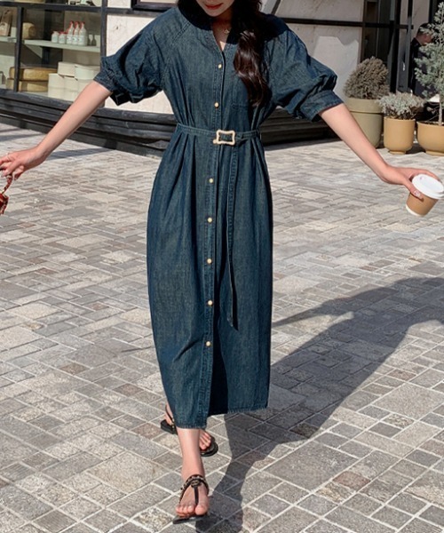 FAVORITO ワンピース 半袖 Vネック半袖シングルブレストベルト付き