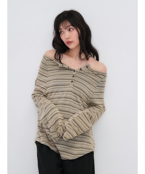 tシャツ ストライプ ボタン オフショルダー Tシャツ ベージュ ブラック 夏服 レディース