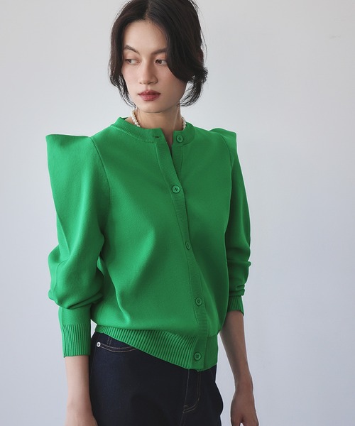 スカーラリブニットトレンカ　グリーン　L 新品 ELFRANK カーディガン 「2025AW」パワーショルダー クルーネック