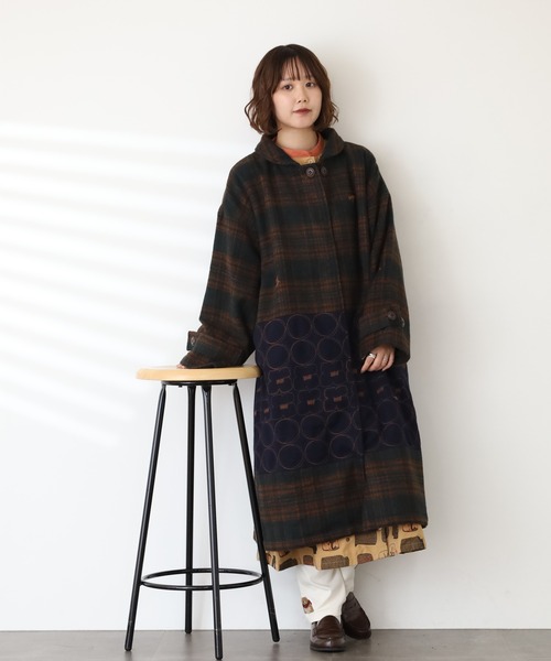し*ん様 アトリエまりこ　茶色 フード付き刺繍ロングコート Emago（イマゴ） コート アウター リング刺繍ロングコート レディース