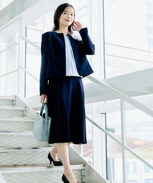 ✨美品✨UNTITLED スカートスーツ ノーカラー ネイビー 1サイズ 洗える ◇【通勤スーツ】ノーカラージャケット（ノーカラージャケット